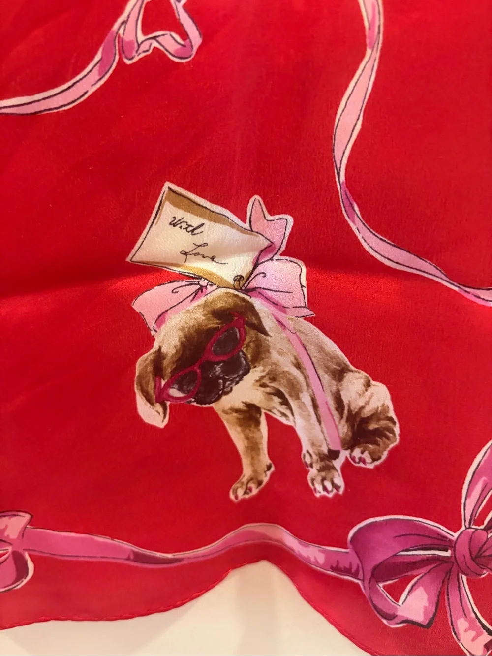 Silk Red Printed Scarf with Ribbon‎ and Floral Motif, Elaine Gold
